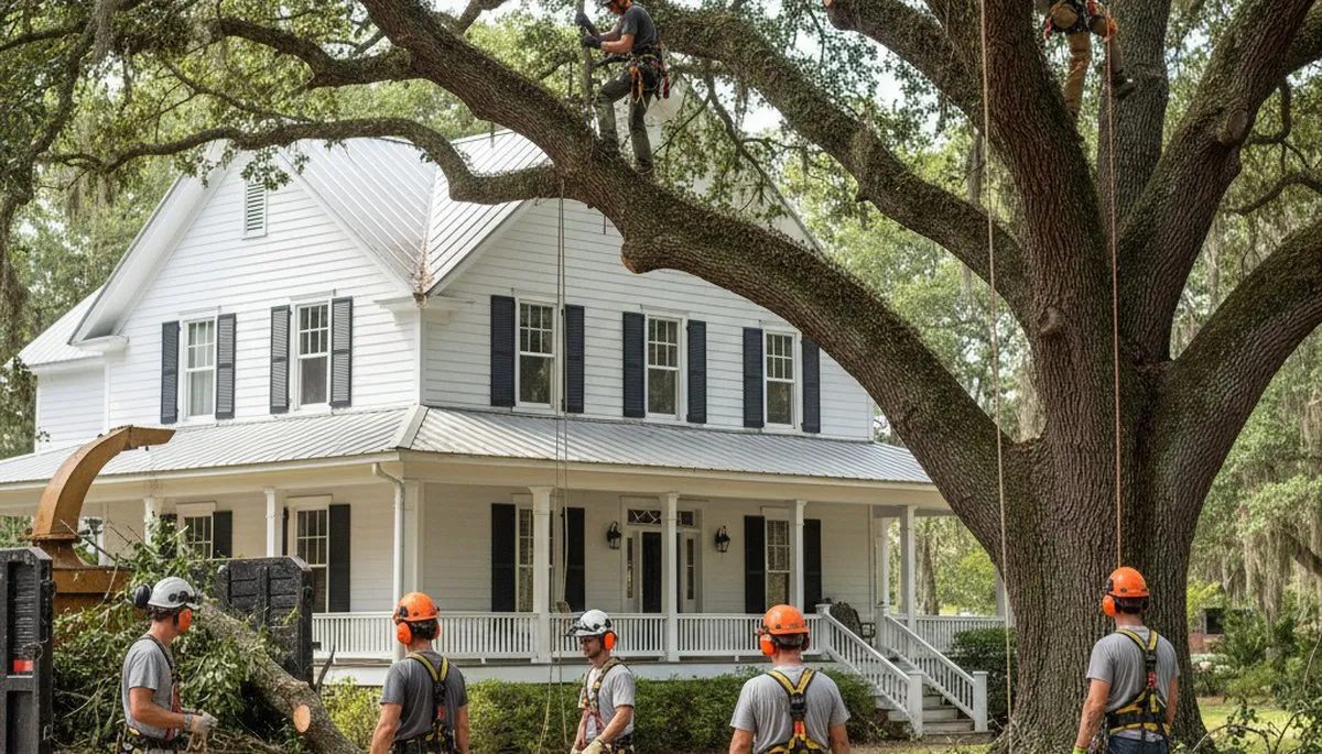 Greenville, NC tree service crew at work on residential tree trimming and removal